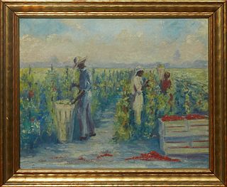 Southern School, "Harvesting Peppers," early 20th c., oil on canvas, unsigned, presented in a period frame, H.-12 1/2 in., W.- 15 1/2 in., Framed H.- 