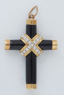 Vintage 18K Yellow Gold Mounted Black Onyx Cross Pendant, the tubular cross with gold caps on each arm, and a central "X" mounted with 13 five point r
