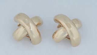 Vintage Pair of 18K Yellow Gold Clip Earrings, of arched "X" form, H.- 1 in., Dia. - 1 1/4 in., Wt.- .35 Troy Oz. Provenance: The Estate of Dr. Sue Le