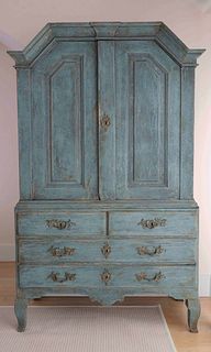 18th Century Continental Two Part Bluish-Green Painted Cupboard