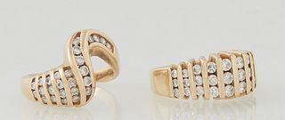 Two Vintage Yellow Gold Lady's Dinner Rings, one 14K with a bypass band mounted with 22 round diamonds, total diamond Wt.- app.- .5 cts,, Size 7, Wt. 
