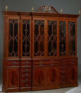 Georgian Style Inlaid Mahogany Triple Breakfront Secretary China Cabinet, 20th c., by Maitland Smith, the pierced arched ormolu mounted broken arch cr