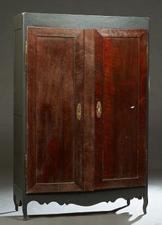 Southern Louisiana Creole Carved Walnut Armoire, late 18th early 19th c., double inset panel doors with brass fiche hinges and escutcheons, opening to