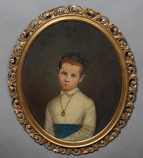 New Orleans School, "Portrait of a Young Girl," early 20th c., oil on board, unsigned, presented in a gilt oval frame, H.- 16 1/2 in., W.- 13 1/4 in.,