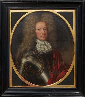 British School, "Portrait of an English Gentleman in Armor," 18th c., oil on canvas, presented in a black and gilt frame, H.- 29 in., W.- 24 in., Fram