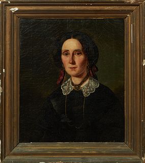 American School,"Portrait of a Mourning Lady," 19th c., oil on canvas, possibly Felicite Emma Aime Fortier, unsigned, presented in a period gilt frame