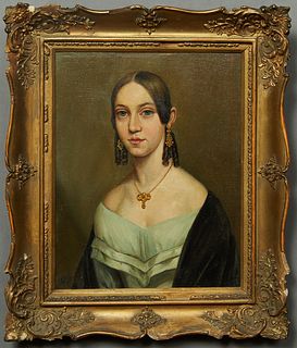 Southern School, "Portrait of a Young Lady," 19th c., oil on canvas laid to board, possibly Aime Fortier, initialed "L.T." lower left, presented in a 
