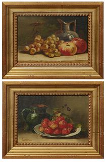 F. Townley, "Still Life with Strawberries," and "Still Life with Apples and Grapes," 1926, two oils on canvas, signed and dated lower left and lower r