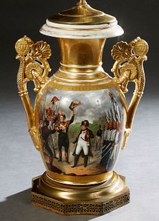 Old Paris Style Porcelain Baluster Vase, 19th c., with gilt decoration and lion's head medallion handles, flanking a painted reserve of a landscape on