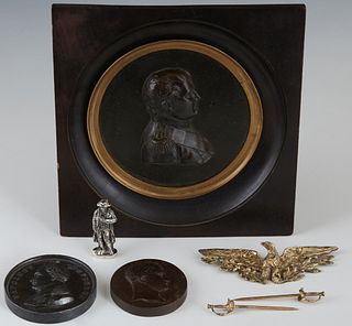 Group of Seven Napoleonic Items, consisting of a bronze medallion of Napoleon at Waterloo; an iron medallion of Napoleon as a Roman emperor; a framed 
