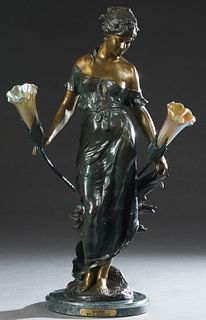 After Auguste Moreau (1834-1917, French), "Maiden with Flowers," late 20th c., patinated bronze figural lamp, with two florifom favrile type shades, o
