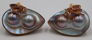 JEWELRY. Pair of Large 14kt Gold Mounted Mabe