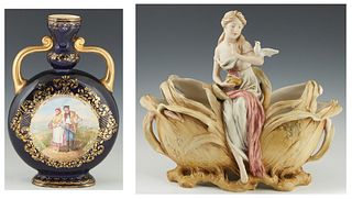 Two Porcelain Items, c. 1900, consisting of an Art Nouveau Royal Dux Figural Planter, the bottom with an applied pink triangle mark and the number 196