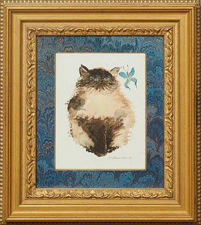 Katherine Burck, "Cat and Butterfly," 20th c., watercolor, signed lower right, presented in a gilt and gesso frame with a marbled mat, H.- 8 1/2 in., 