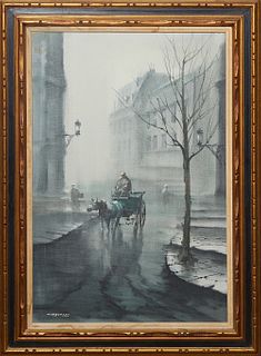 Jose Luis Campuzano (1918-1979, Spanish/American), "Carriage in a Foggy Street," 20th c., oil on canvas, signed lower left, presented in a gilt and ge