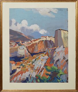 Jean MG Anglade (French), "Town on a Hill," early 20th c., oil on panel, unsigned, presented in a gilt frame, H.- 22 1/2 in., W.- 18 in. Provenance: T
