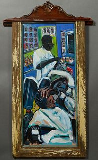 Wayne Manns (New Orleans), "Tears, Fears and Barber Shop Chairs," 2017, mixed media, signed upper right, presented in a rescued material frame, signed