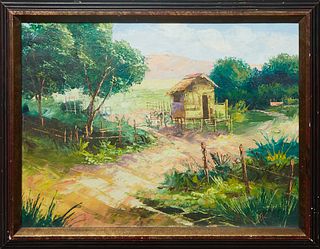 American School, "Hut in Landscape," 20th c., oil on canvas, signed indistinctly lower right, presented in a wood frame, H.- 17 1/4 in., W.- 23 1/4 in