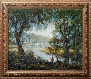 Frank C. Dill (1910-2000, Texas), "Louisiana Bayou," 20th c., oil on board, signed lower left, presented in a modern gilt and gesso frame, H.- 19 3/4 