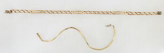 Two Yellow Gold Items, 20th c., one a 14K bracelet with square links, L- 6 1/4 in. Wt.- .23 Troy Oz.; the second a watch chain with rectangular and cu
