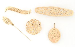 Group of Five Pieces of 14K Yellow Gold Jewelry, consisting of a"Sue" monogram barrette; a monogram initial pendant; an initial stickpin; an oval init