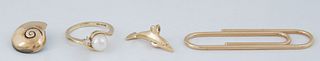 Four Vintage Yellow Gold Items, consisting of an 18K snail charm; an 18K dolphin charm; a 14K pearl ring flanked by a round five point diamond on a by