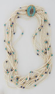 Lady's 13 Strand Pearl Necklace, composed of 2mm cultured seed pearls, and round lapis and turquoise beads bordered by small gold beads, with an 18K y