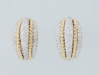 Vintage Pair of 18K White Gold Clip Hoop Earrings, the half hoop with an arched center row of three round diamonds, bordered by twisted gold bands and