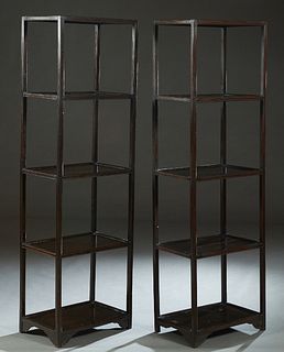 Pair of Chinese Teakwood Etageres, 20th c., with five square open shelves, on reeded square supports, H.- 63 3/4 in., W.- 19 1/4 in., D.- 13 1/4 in.