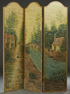 Three Panel Folding Screen, 20th c., by Sarried, Ltd., the arched panels with scenes of colonial life, H.- 84 1/2 in. W. Each Panel- 24 in., Total W.-
