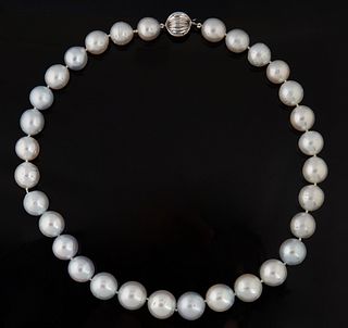 Graduated Strand of Thirty-One Tahitian Off White Cultured Pearls, ranging from 12-15mm, with a 14K white gold ball clasp, L.- 18 in., with appraisal.