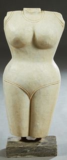 Indonesian Carved Marble Female Torso, 19th c., mounted on a figural gray marble plinth, H.- 24 1/2 in., W.- 10 in., D.- 6 in.