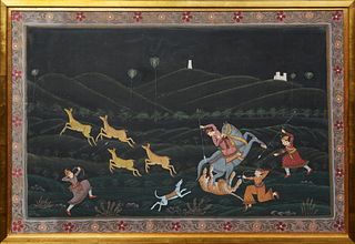 Indian School, "The Tiger Hunt," 19th/20th c., watercolor on silk, presented in a gilt frame, H.- 20 in., W.- 28 3/4 in.