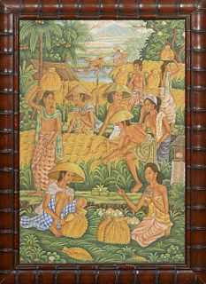 Balinese School, "Women at Daily Chores," 20th c., oil on linen signed indistinctly lower right, presented in a mahogany faux bamboo frame, H.- 22 1/4