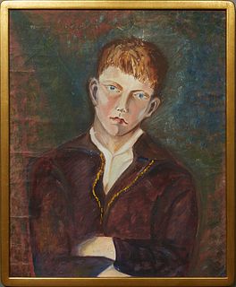 Rosalie Roos Wiener (1899-1983, New Orleans, Newcomb School), "Portrait of a Young Boy in a Purple Jacket with Yellow Trim," 20th c., oil on canvas, s
