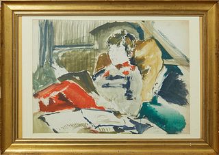 Xavier de Callatay (1932-1999, Louisiana), "Man Reading a Book," 20th c., gouache on paper, signed lower right, presented in a gilt frame, H.- 21 1/2 
