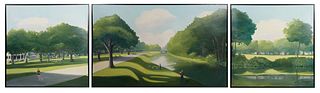 Debby Atwell (American), "Park Views," 1986, oil on canvas, triptych, signed and dated on third canvas lower right, each presented in a black painted 