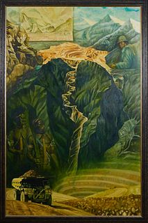 Jamie Cooper (1964-, Australian), "View of a Gorge with Tribesman," 2004, oil on canvas, signed and dated lower left, presented in a wooden frame, H.-