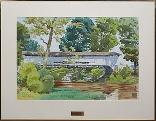 Charles Wallis (American), "Rural Covered Bridge," 1982, watercolor on paper, signed and dated lower left, presented in a brass frame, H.- 20 in., W.-
