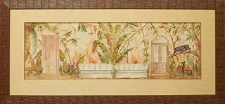 J. Jiuia, "Miami," 1939, watercolor on paper, signed, titled and dated lower right, presented in a wood frame with a linen liner, H.- 11 14 in., W.- 3