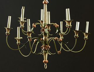 Polychromed Iron Floriform Twelve Light Chandelier, 20th c., in the manner of Colonel Rue, New Orleans, H.- 24 in., Dia.- 24 in.