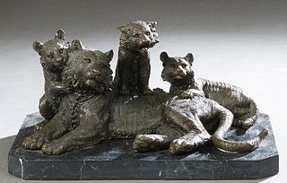Continental School, "Lioness and Her Three Cubs, 20th/21st c., patinated bronze, on an octagonal figured black marble base, H.- 8 1/2 in., W.- 15 3/4 