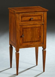 Directoire Style Walnut Parquetry Inlaid Walnut Nightstand, late 19th c., the rectangular top over a frieze drawer and a cupboard door, on tapered squ