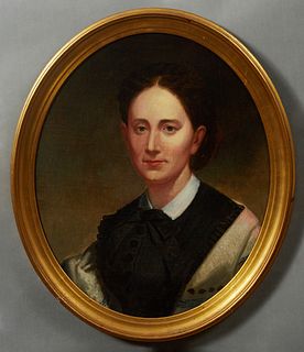 American School, "Portrait of a Woman in Mourning," 19th c., oil on canvas laid to board, unsigned, presented in an oval gilt and gesso frame, H.- 23 