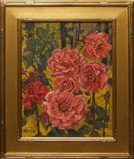 Hildegard Rath (1909-1994, German/American), "Roses," 20th c., oil on canvas, signed lower left, presented in a gilt and gesso frame, H.- 19 1/2 in., 