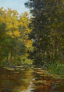 Eugène Gabriel Andre (French), "A Secluded Lake," 19th/20th c., oil on canvas, signed lower left, presented in a gilt frame, H.- 20 1/2 in., W.- 14 5/