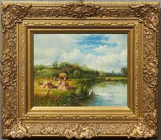 J. Robertson, "Hay Bales on the River Bank," 20th c., oil on canvas laid to board, signed lower left, presented in a gilt frame, H.- 7 1/2 in., W.- 9 