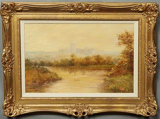 F.H.W. (English), "A View of Windsor Castle," early 20th c., oil on canvas, initialed lower left, presented in a gilt frame, H.- 11 in., W.- 17 in., F