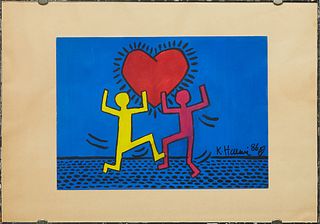 Attributed to Keith Haring (1958–1990, American), "Untitled," 1986, oil on paper, signed and dated lower right, presented in a modern frame, H.- 9 5/1