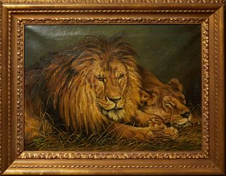 Edith M. Wood (American), "Lions at Rest," 20th c., oil on canvas, signed lower left, marked "after Geezah," presented in a wide gilt and gesso relief
